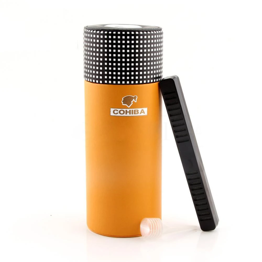 Cylinder Leather Travel Humidor Cigar Box Cedar Wood Portable Cigar Case Jar