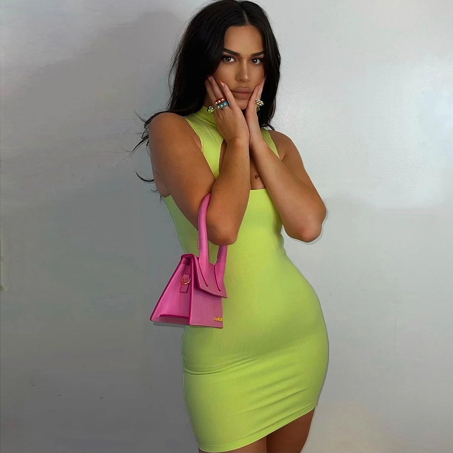 K21D03845 Custom Logo Wholesale Sleeveless Ribbed Knitted 2021 summer solid round neck sleeveless cut out Mini tight dress