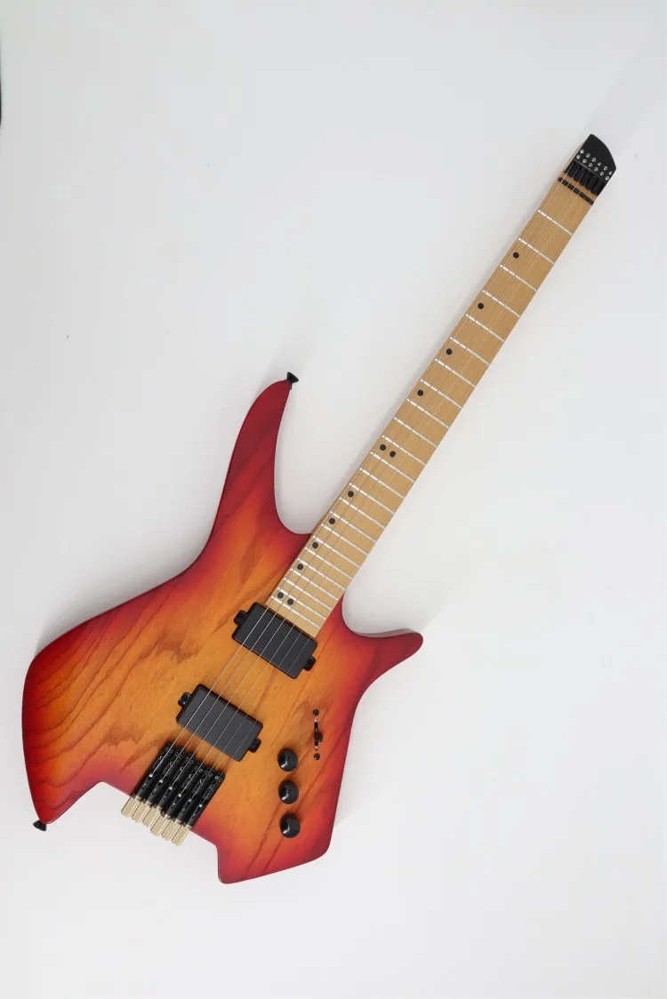 Прямая Продажа с фабрики Высококачественная синяя электрогитара без головы многоцветная имеющаяся в наличии Тигровая полоска шпон музыкальный инструмент