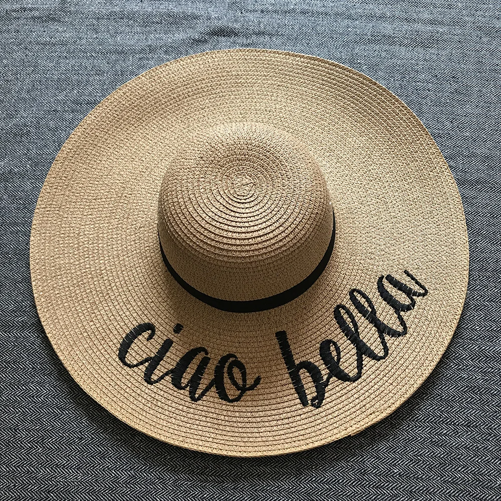 HT-2183 Custom Square Buckle Round Top Panamanian Straw Flat Top Hat Summer Tourism Sunshade Large Brim Fisherman hats