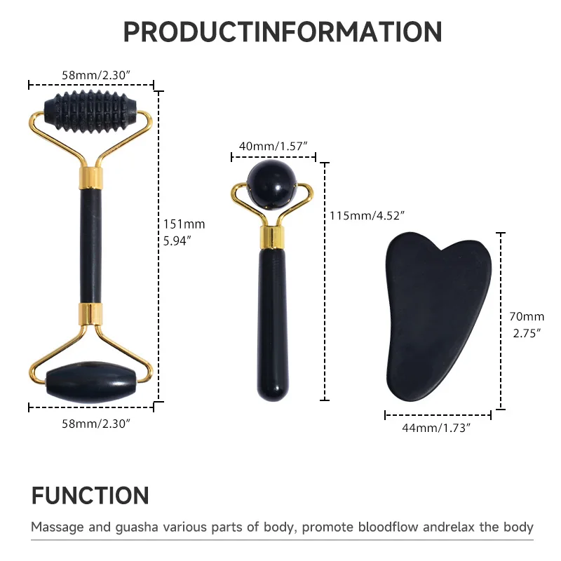 Natural Black Bian Stone Face Skincare Massage Tool Healthcare Roller Guasha Kit Custom Logo Jade Facial Roller And Gua Sha Set