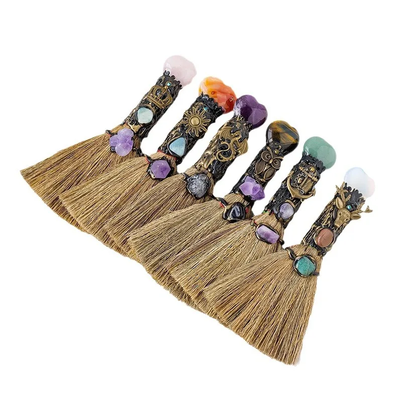 Natural Rose Quartz Magic Broom Love Reiki Healing Crystal Mini Witch Broom For Cleansing Bedroom Home Decor Gifts