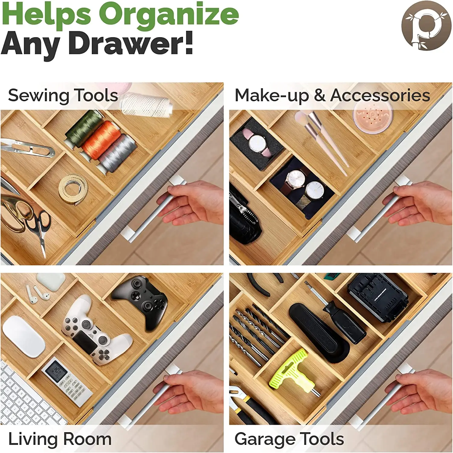 Bamboo Expandable Drawer Organizers for Kitchen - Extra Deep Non-Slip (expands up to 25 inches) Dark Wooden Silv