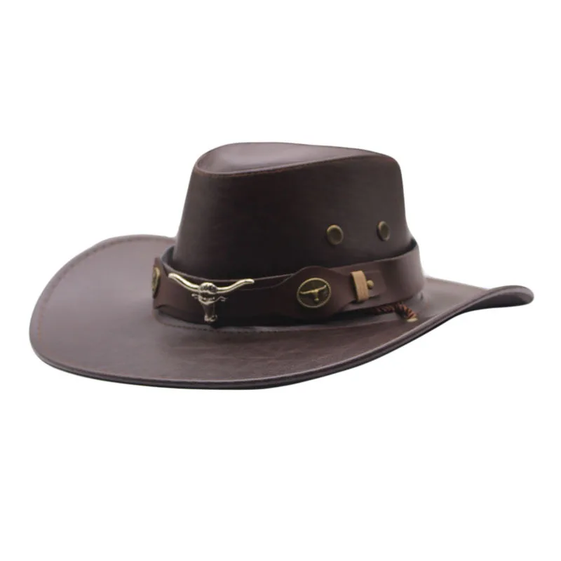 Western Costume Party Unisex Cowgirl Hat Leather Handmade Cowboy Hat With Bull Horn Belt