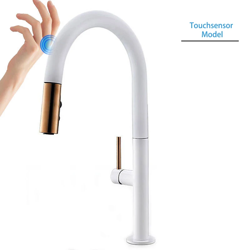 CBM Finish Smart Touch Sensor Pull Out Kitchen Sink Faucet Taps Brass Ceramic Brushed Modern Contemporary White and Rose Color