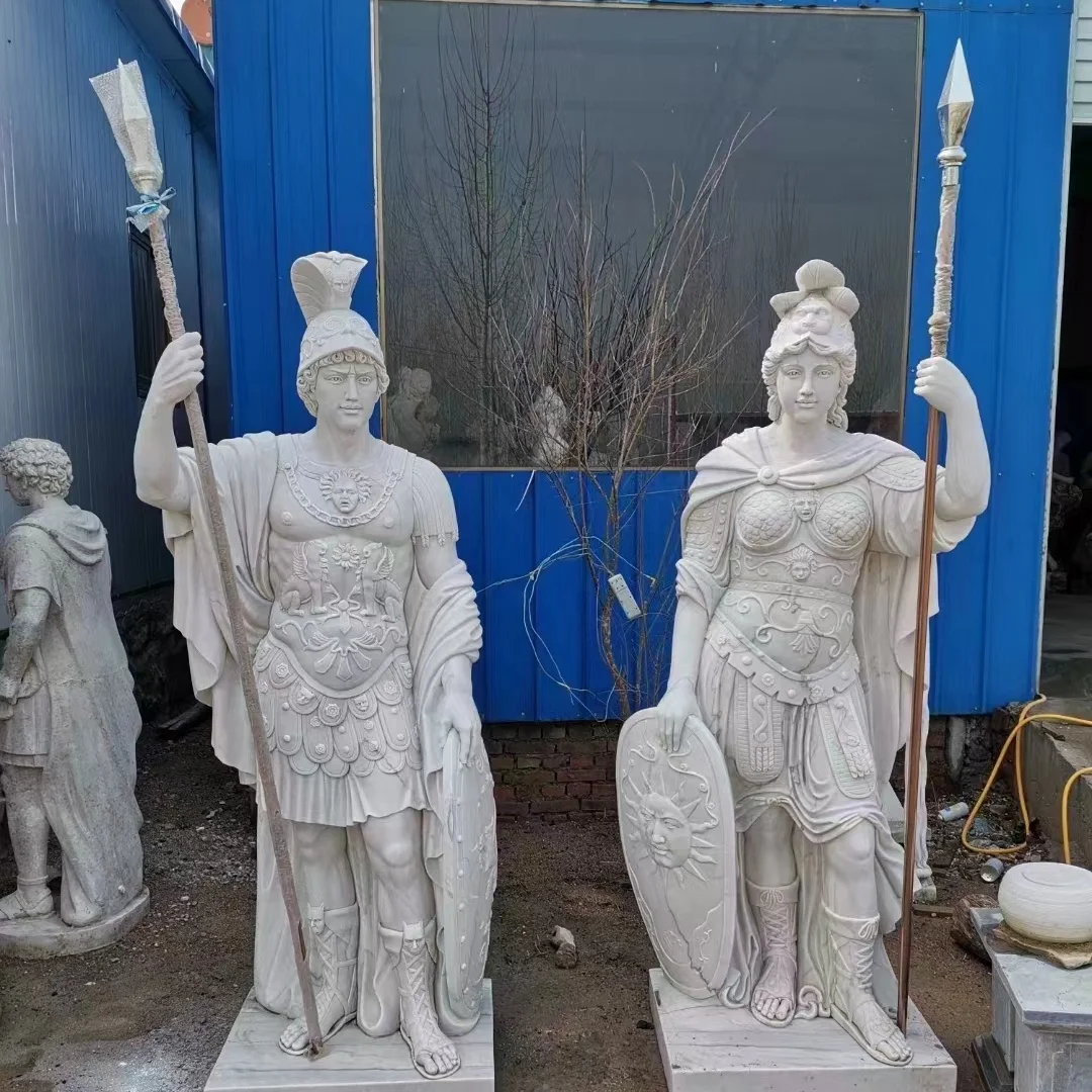Hot Sale White Marble Antique Garden Outdoor Decorative Stone Art Sculpture Hand Carver Western Roman Warrior Sculptures