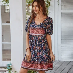 Boho design short sleeve deep v neck 100%viscose material straight gather hem loose ruffled knee length short dress for pregnant