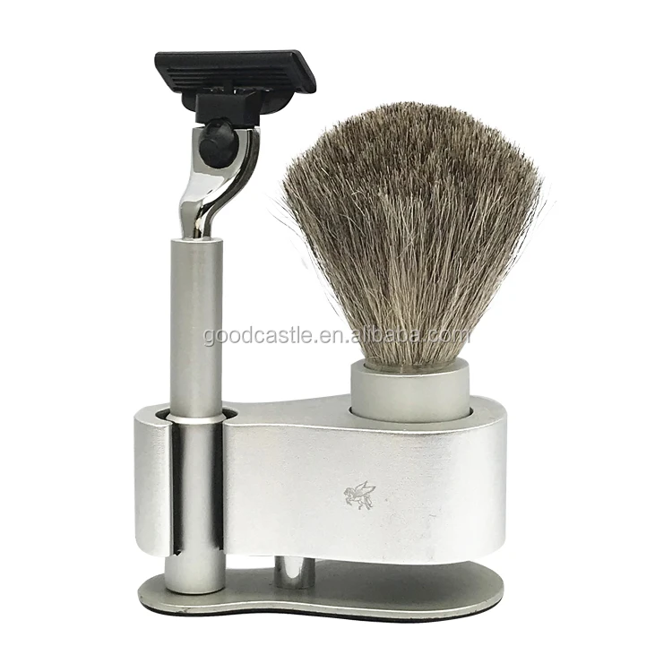 New Fashion Design  Customize Logo Shaving Set With Badger Hair Brush and shaving razor alloy stand Shave Kits For Men