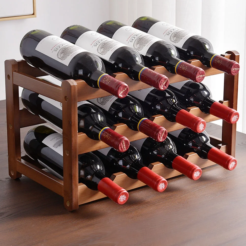 Free standing commercial wood bamboo storage shelf 2 tiers 6 bottle wooden wine racks