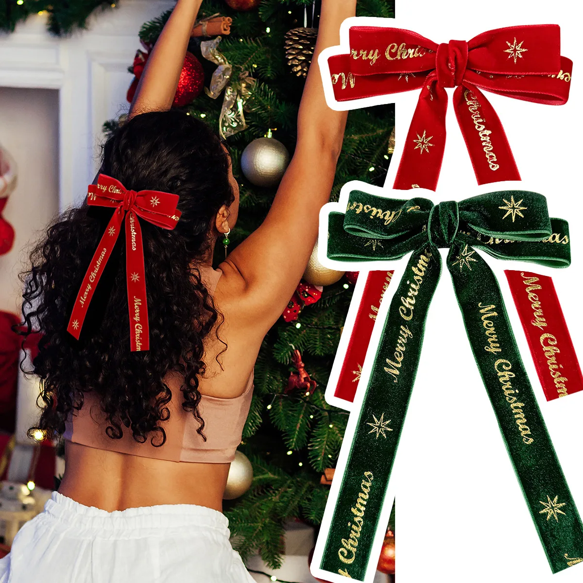 Wholesale Custom Printed Christmas Velvet Hair Bows Red Ribbon Bow Clip Long Tail Hair Accessories for Women Girl Kids Baby