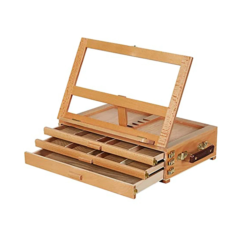 SINOART Adjustable Artist Tabletop Sketchbox Easel- Multi-Function Solid Beech Wood Storage Box Easel with 3-Drawer for Art