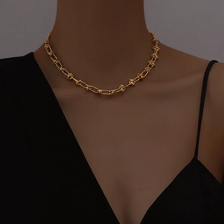 Chunky Rope Chain Knotted Necklaces Twisted Choker Necklaces For Women Hiphop Vintage 18k Gold Plated Stainless Steel Jewelry