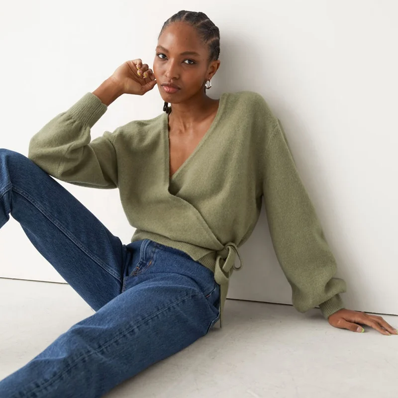 Женский вязаный свитер из шерсти мериноса, свободный свитер с длинными рукавами и v-образным вырезом на заказ, оптовая продажа с фабрики 2022