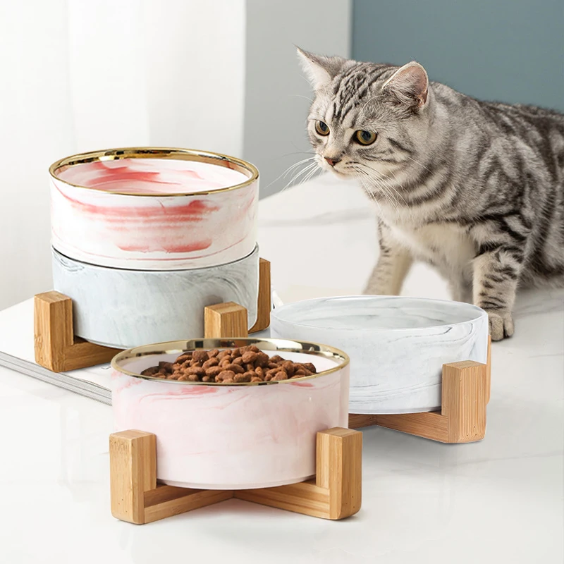 Bol Pour Animaux Grey And White Terrazzo Luxurious Raised Wooden Bamboo Elevated Slanted Pet Dog Cat Bowl Ceramic Marble Bamboo