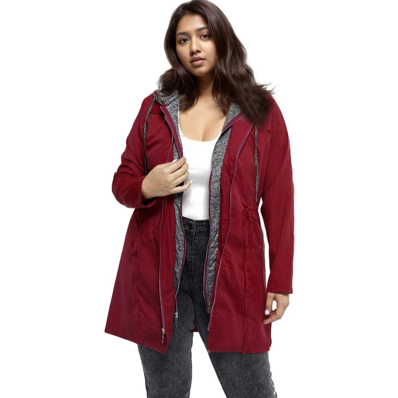E0113ME14 Hot Sale Plus Size Solid Color Hooded Waist Drawstring Winter Casual Coat For Curve Women Sehe Fashion
