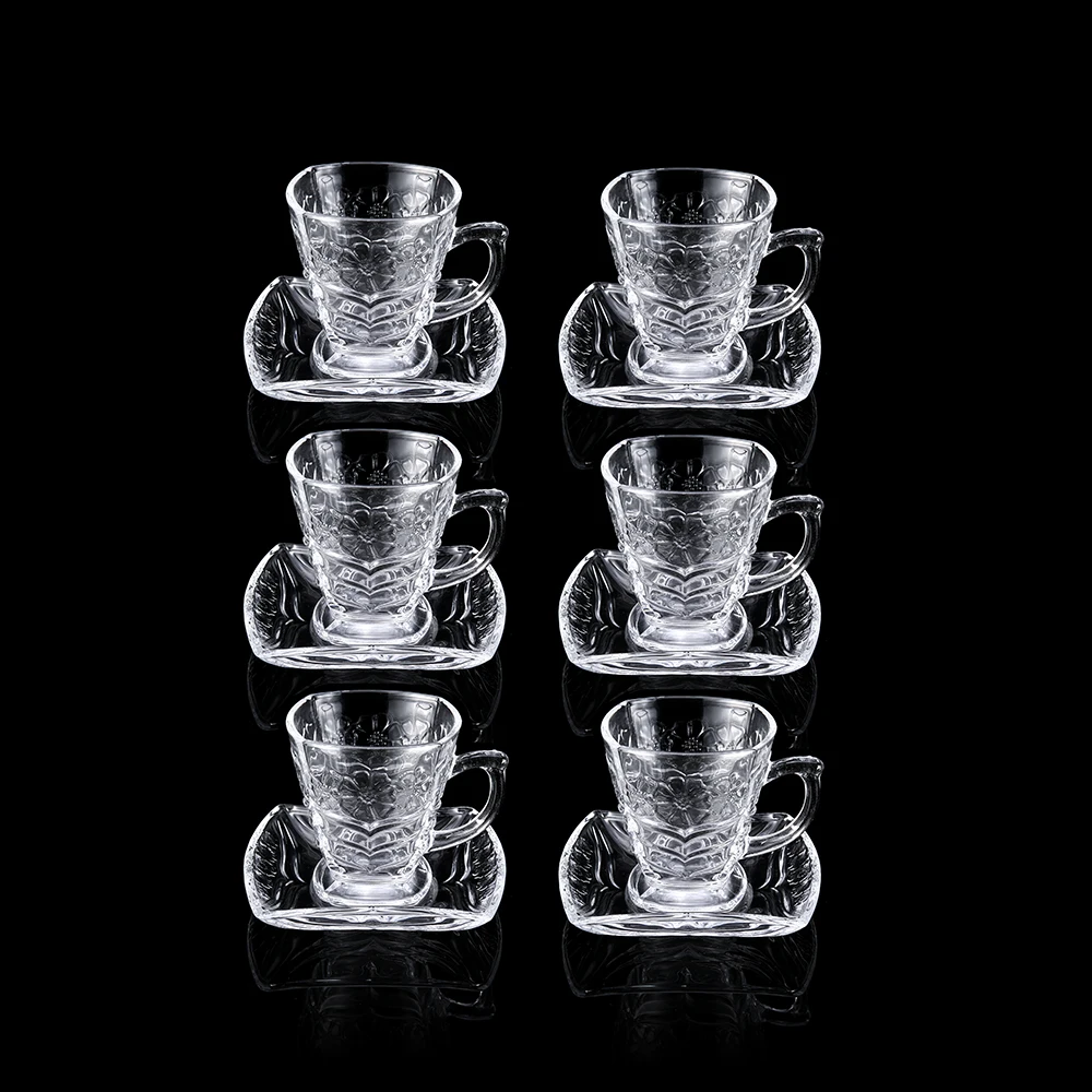 Simple Design Decorative Glass Cup Saucer Set With Pattern Handles Drinking Coffee Cup With Saucer