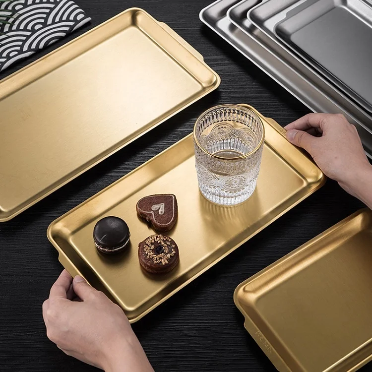 OEM/ODM Restaurant Home Kitchen Rectangle Snack Dish Gold Stainless Steel Food Tea Coffee Plate Serving Tray