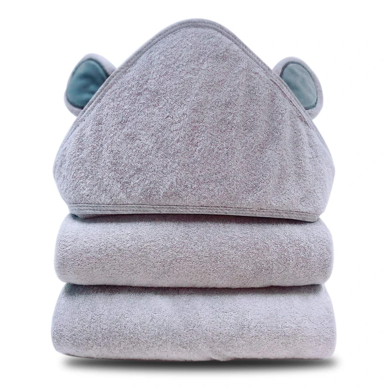 Glory Baby Amazon Hot Sale Baby Hooded Bath Towel 100% Cotton Gray Elephant Cartoon Pattern