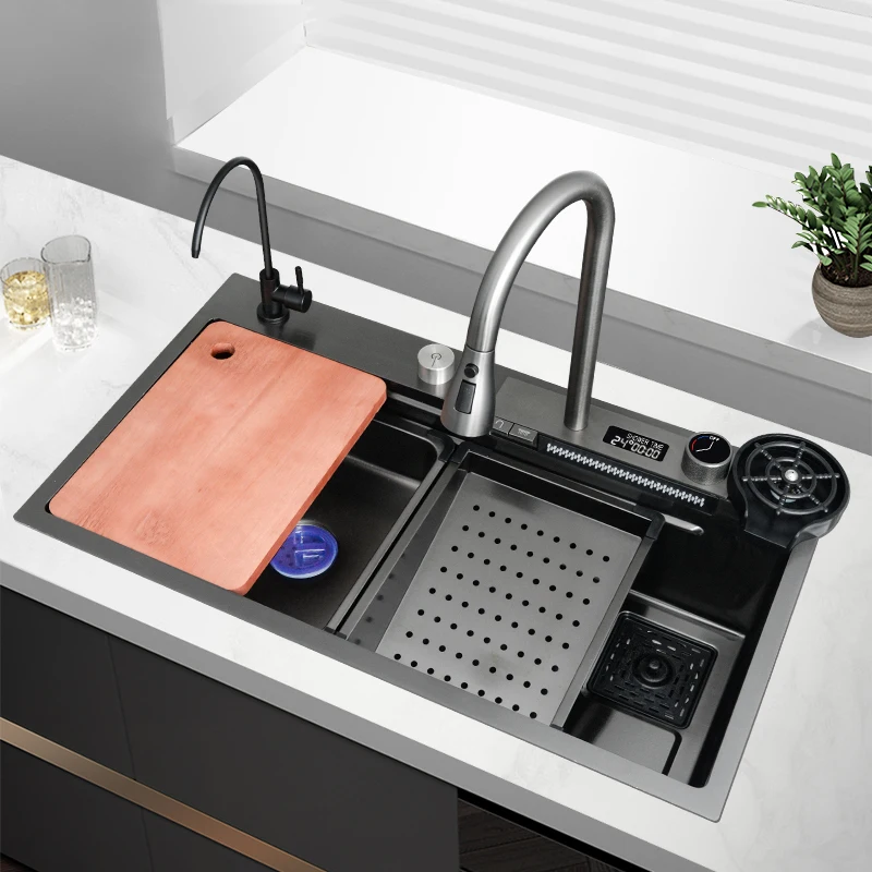 Under Basin Kitchen Black Piano Keys Flying Rain Waterfall Large Single Trough Kitchen 304 Stainless Steel Sink