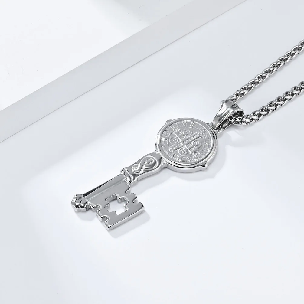 Christian Saint Benedict Key Design Pendants Necklace Stainless Steel Chain Fashion Jewelry Religious Necklace For Men Women