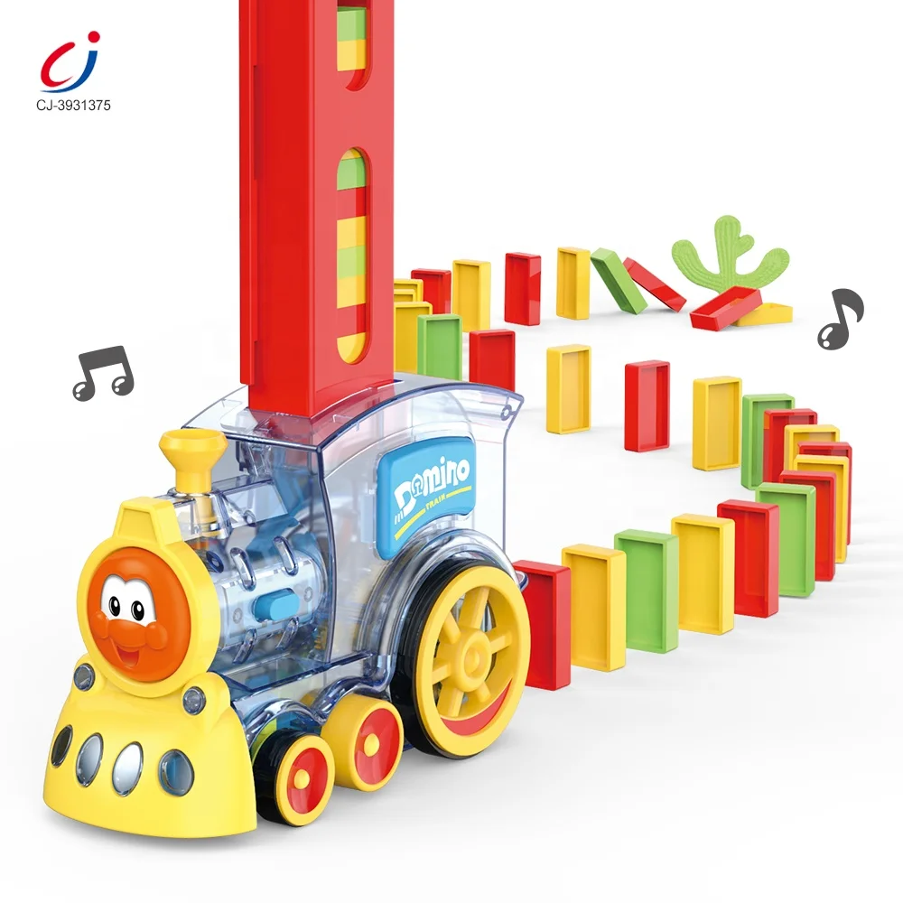 Chengji kids automatic laying domino train play set electric bidding mini transparent domino train kids toy with simulated sound