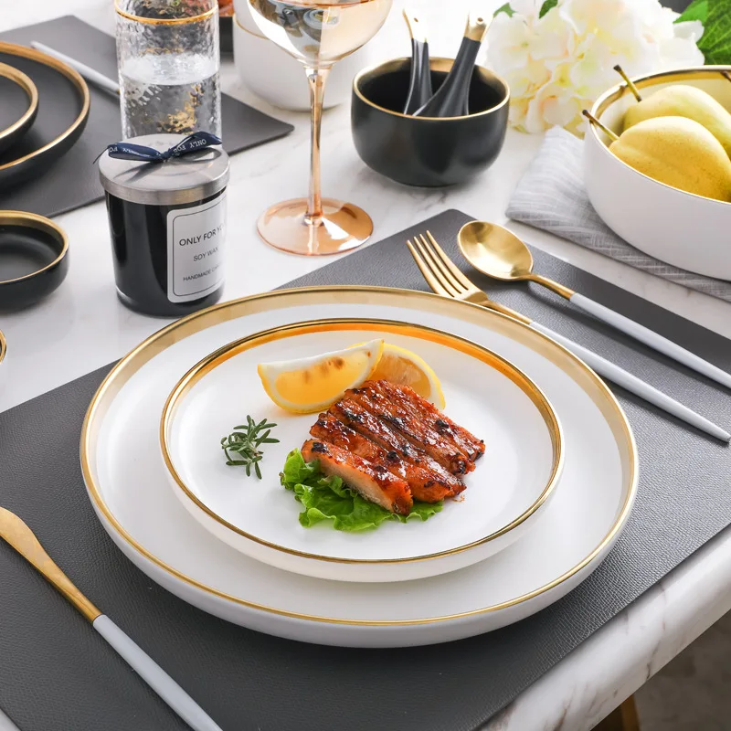 Gold Rimmed Porcelain 3pcs Plate Set Porcelain Ceramic Spoon Saucer Bowl  Dinner Set With Gift Box