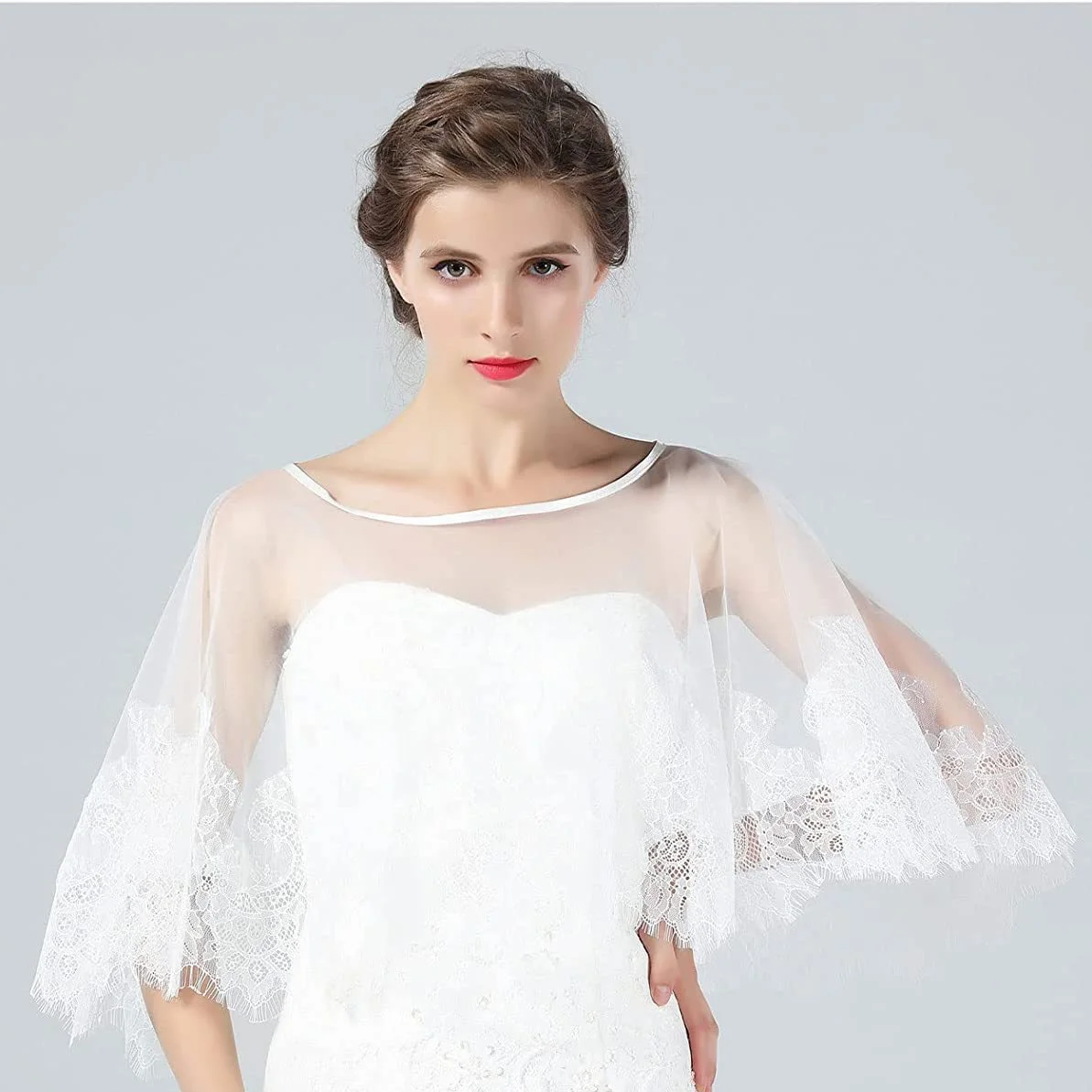 Ivory neckline edge mesh bridal shawl wedding dress thin lace cloak European and American foreign trade pullover