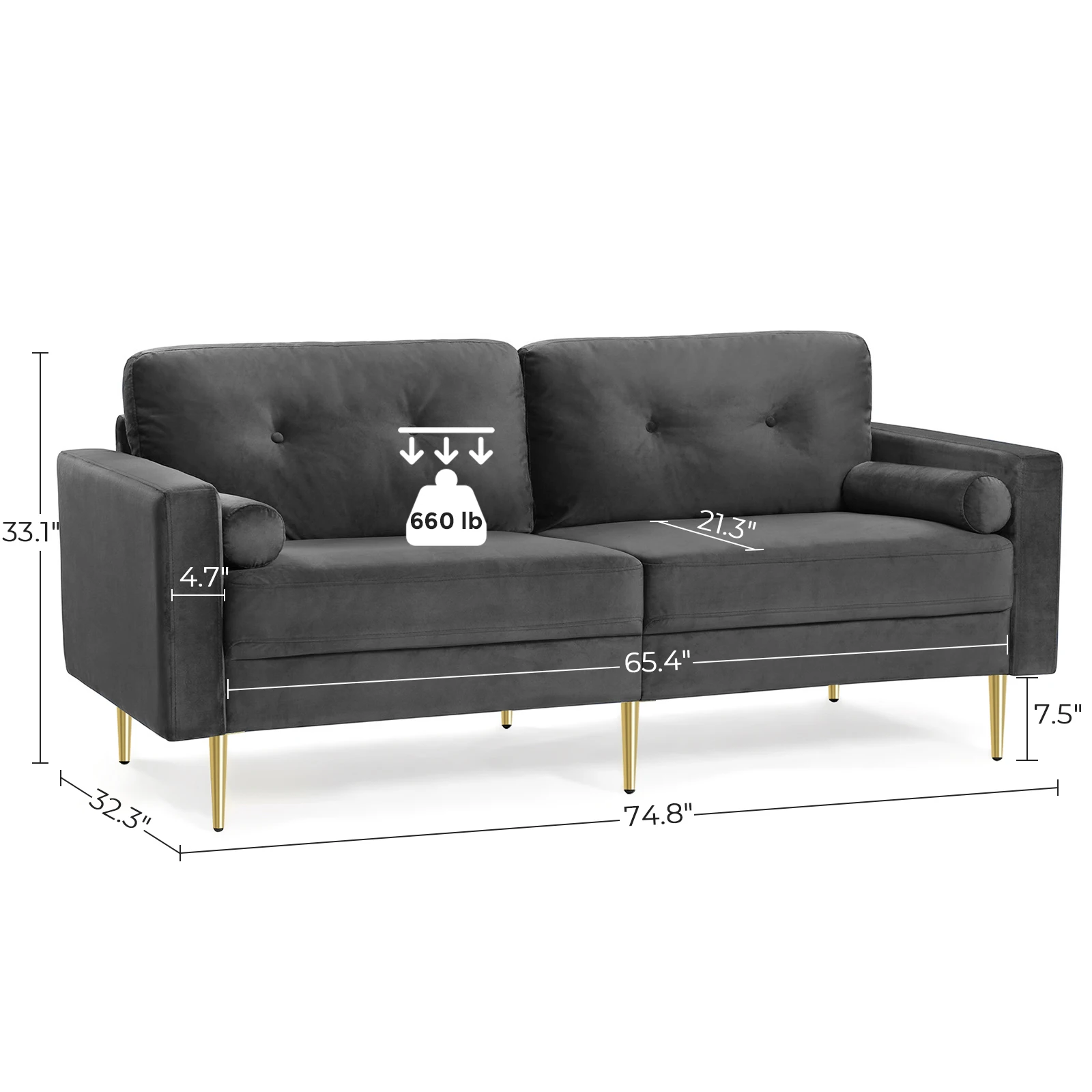 Modern hotel couch velvet cover grey 3 seater living room sofa with gold metal leg for flat small room apartment