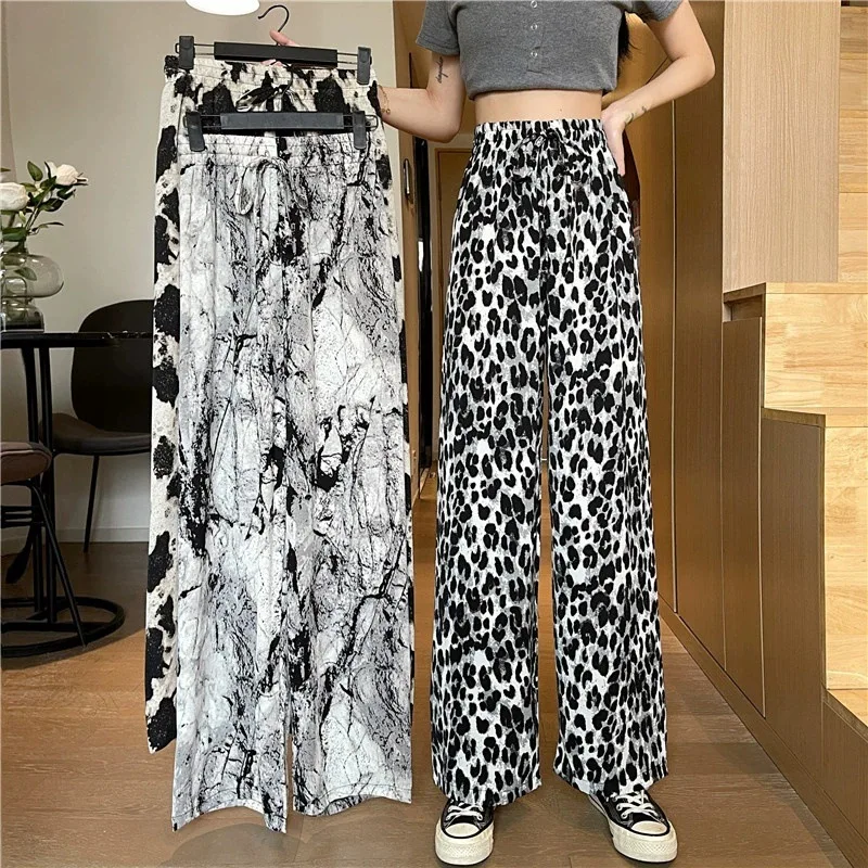 2022 Amazon Hot Selling High Waist Loose Lace-up Ink Painting Casual Pants Tie-dye Ice Silk Printed Harem Wide Leg Pants Women