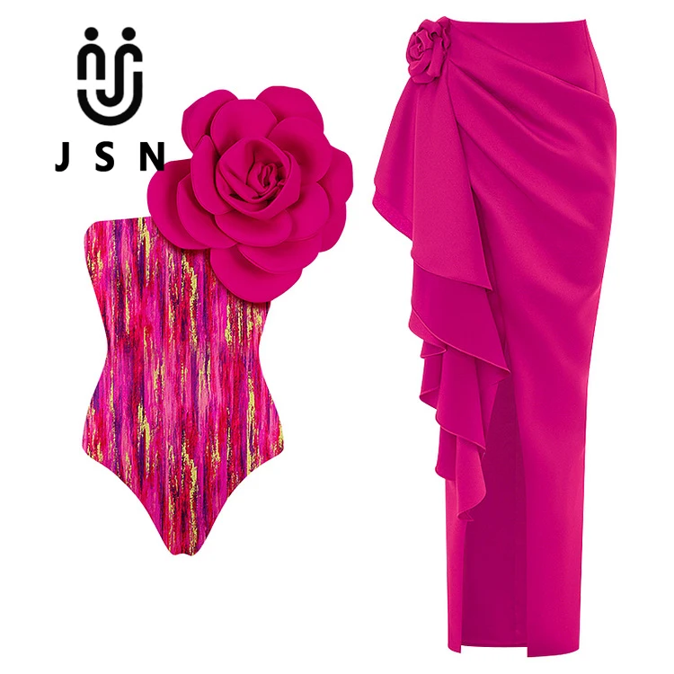 JSN 3D Flower Decor Swimsuit with Skirt for Women Swimwear Female Retro One Shoulder Elegant Bathing Suit