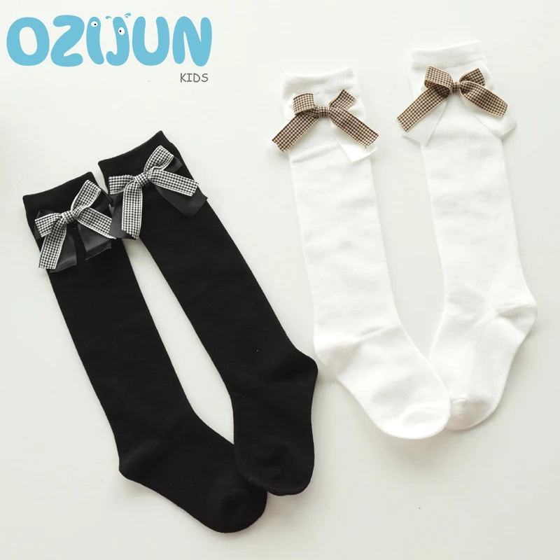 
Baby Girls 3-5Y/5-8Y Kids Girls Cotton Knee Socks Lattice Bowknot Black And White Students Socks School Socks 