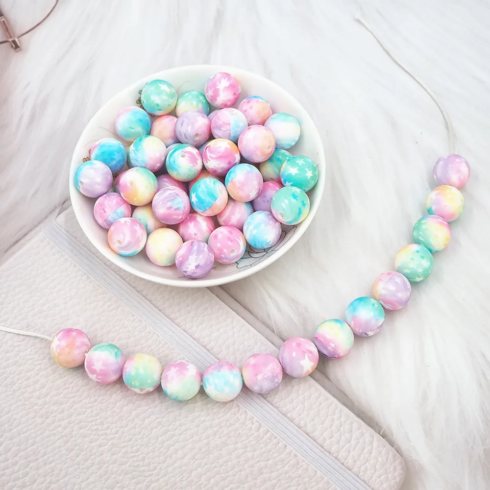 Buy East String Silicone Loose Beads Safe Teether Round Tie Dye DIY Chewable Baby Teething 15mm Printed Beads