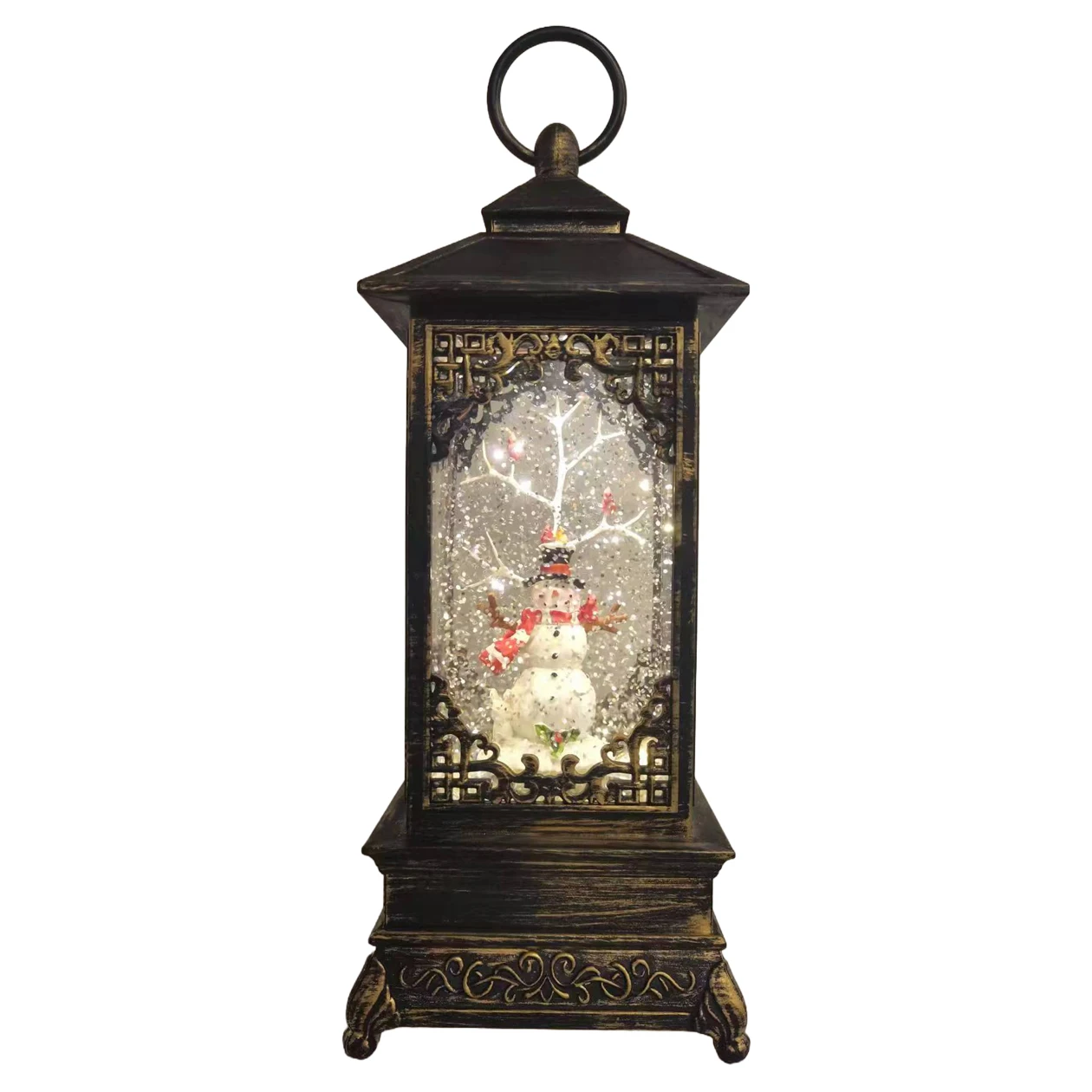 Hot sale christmas water glitter snowman  lantern table decor with music-battery or usb powered