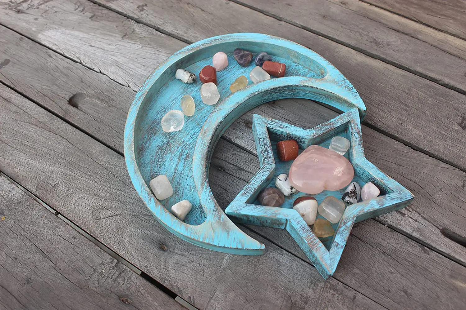 Sky Blue Wooden Moon and Star Tray for Crystal Stones