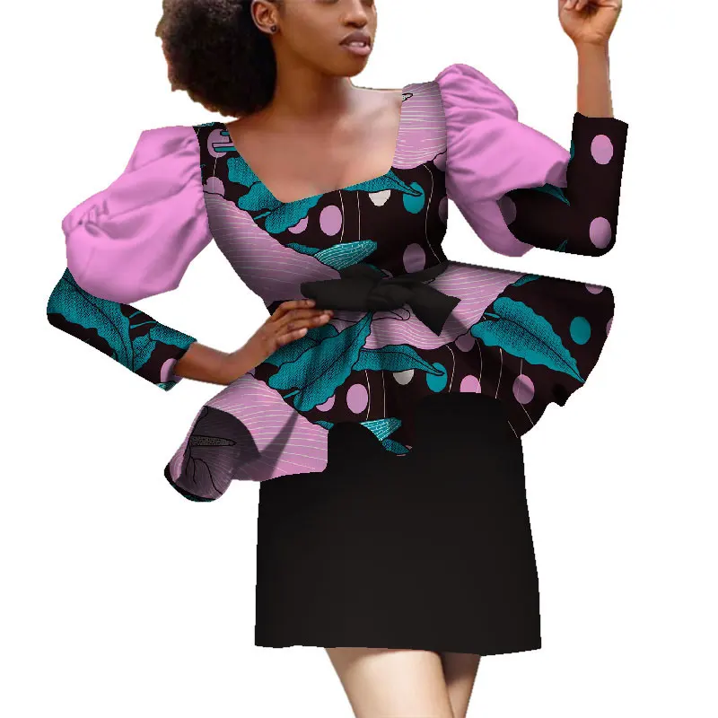 Африканская одежда WY5123, костюм из 2 предметов для женщин, Топ с длинным рукавом и мини-юбка, хлопковый женский костюм, традиционная одежда