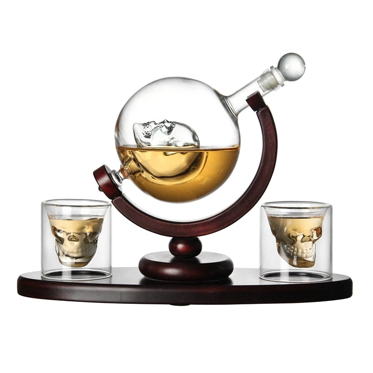 AIHPO05 Unique Magic Novelty Gift 850ml Hand Blown Glass Skull Globe Bar Set Whiskey Decanter with Glasses Stopper Wooden Base