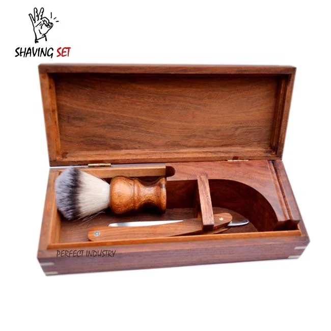 Luxury Wooden Men Grooming 3pc Gift Box set Shaving Razor Shaving Brush & Wooden Box set custom logo and packing