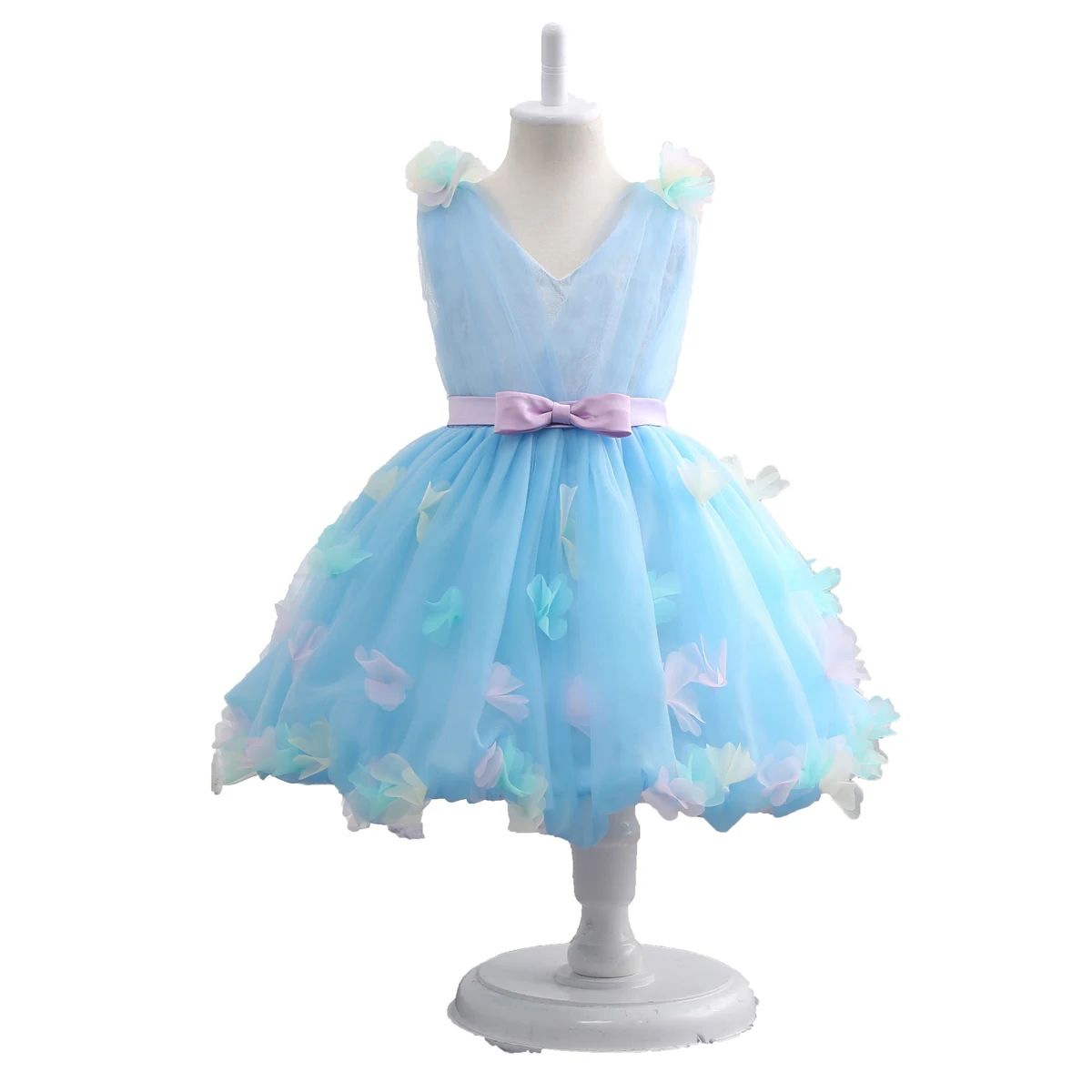 Cute Sky Blue V Neck Butterfly Ball Gown Princess Girl Dresses for Wedding Pink Flower Girl Dress