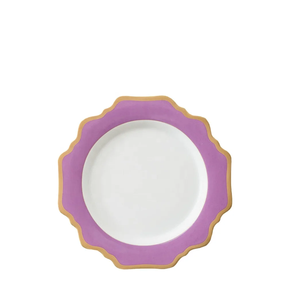 nordic luxury wedding party purple sunflowers  decoration wholesale ceramic charger plate with gold rim porcelain dinnerware