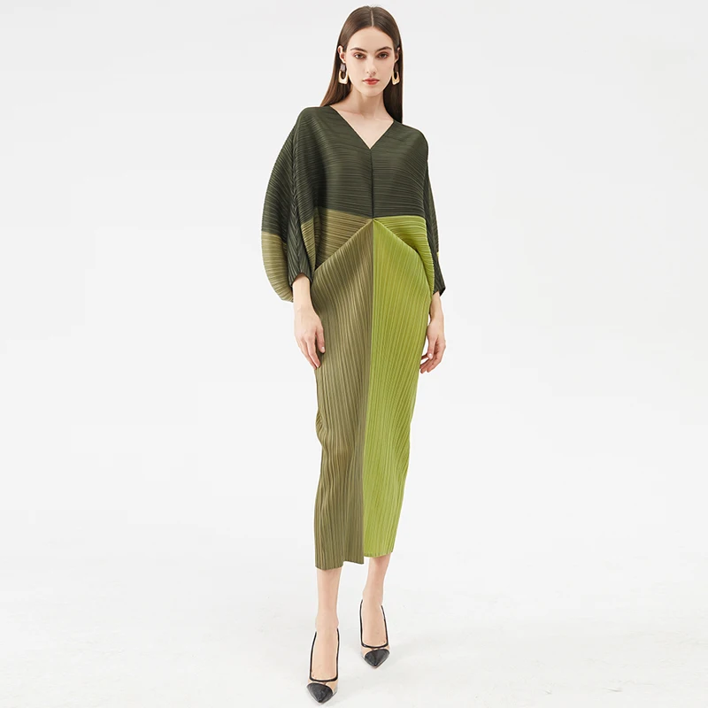Женские плиссированные платья контрастных цветов с V-образным вырезом и длинными рукавами, 2021