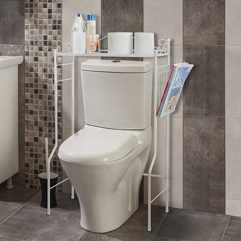 Space Saver Bathroom Metal Shelf White Toilet Storage Rack With Magazine Basket  Bathroom Organizer Rack