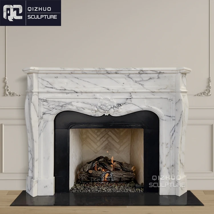 Antique Italian Arabescato Hand Carved Interior Decor Natural Stone White Marble Fireplace Surround