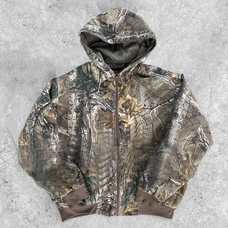 Custom Vintage Printing Camouflage Zip up Jacket Hunting Cargo Full Zip Hoodie Camo for Men Cotton Knitted Fabric Winter Clothes
