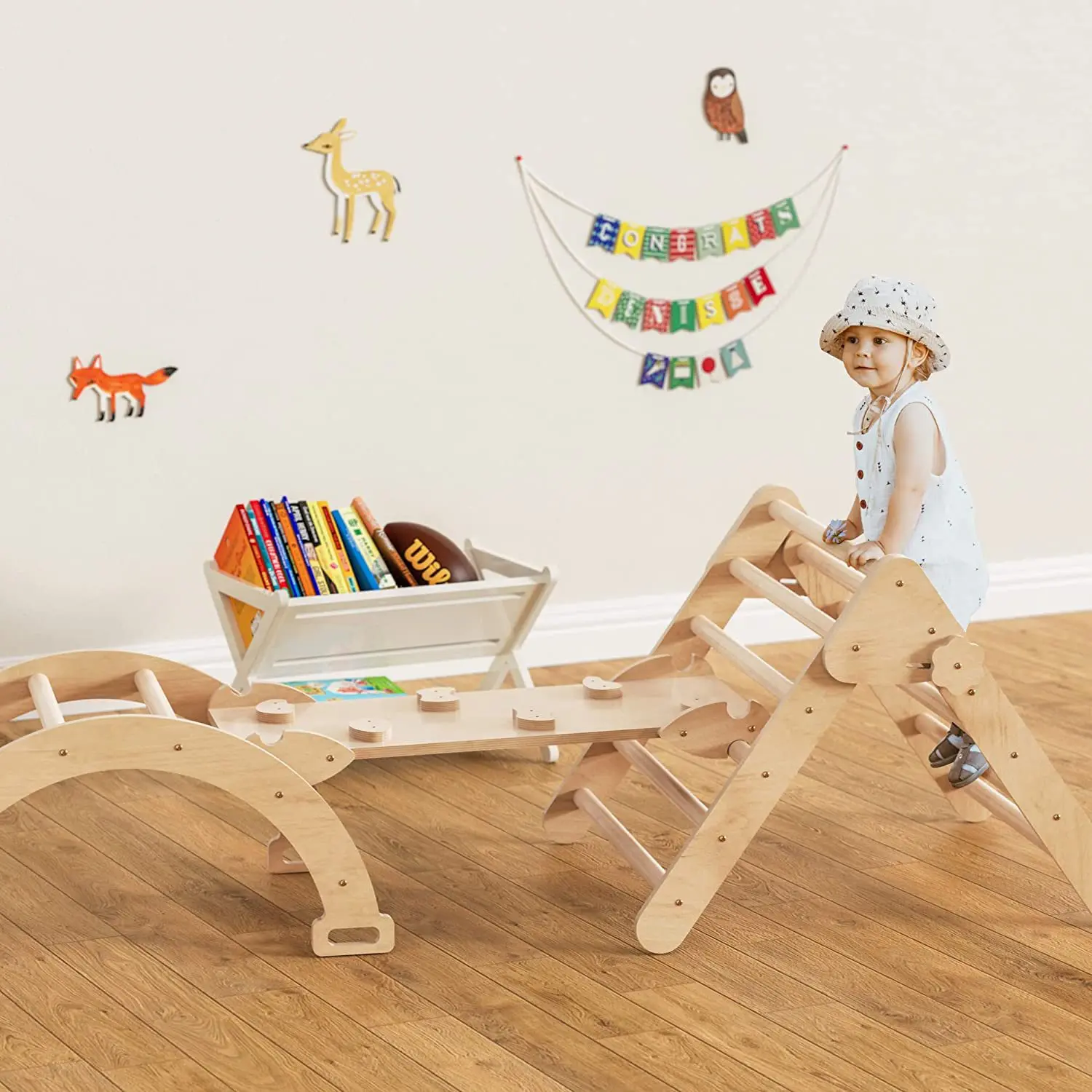 Kids Climbing Ramp Wooden Ladder Rocker Arch Jungle Gym Climbing Toys Triangle Set for Toddlers Children