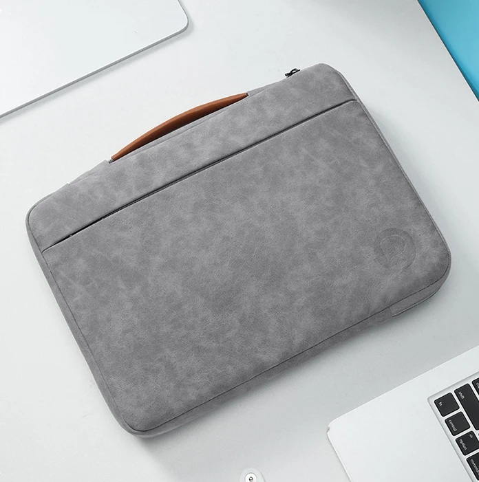 Low Moq 14Inch Large Capacity Portable Waterproof Grey PU leather Tablet Bag with Handle Laptop Bag for Men Women