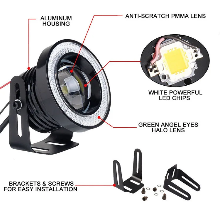 EURS Car LED lens 30W 12V 6000K 76MM 89MM COB angel eye fog light daytime running lights