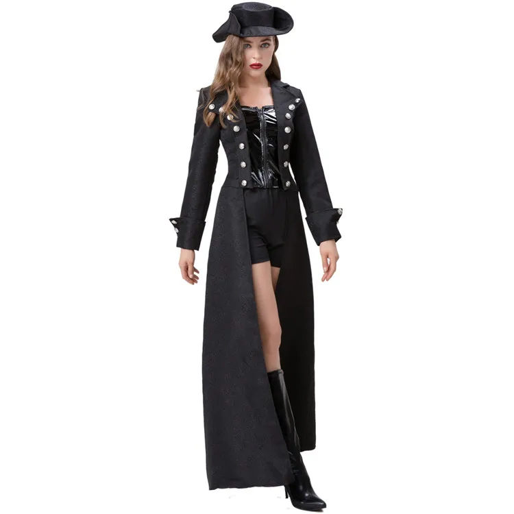 2023 New Carnival Cosplay Medieval Steam Punk Zipper Women Long Vintage Black Costume Outfit