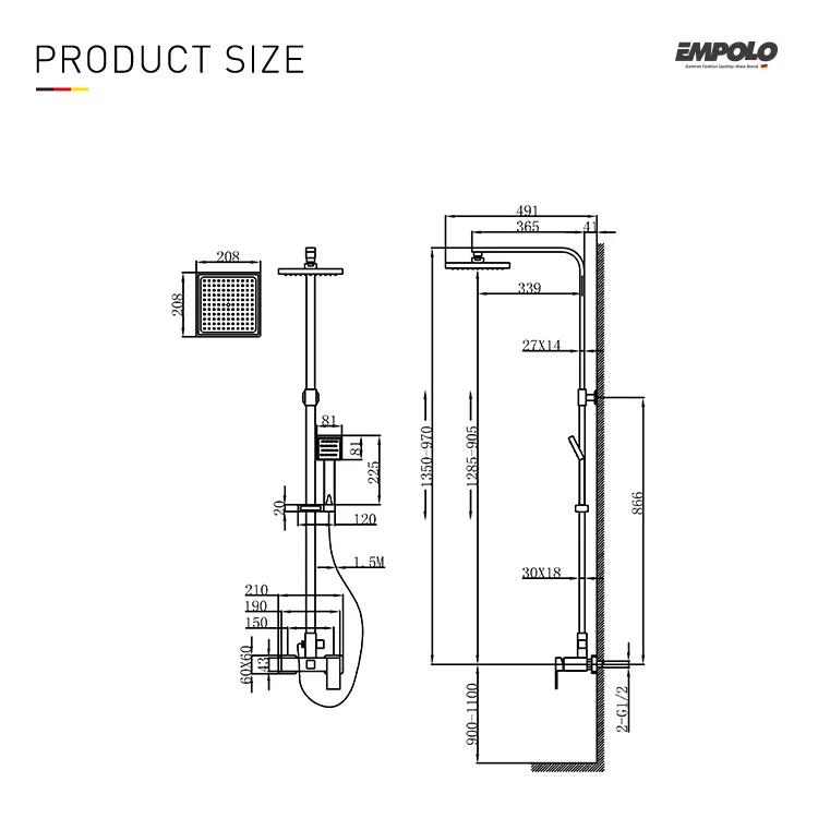 Empolo Luxury Switch Shower Waterfall Square Shower Head Concealed 3 Functions Black Shower