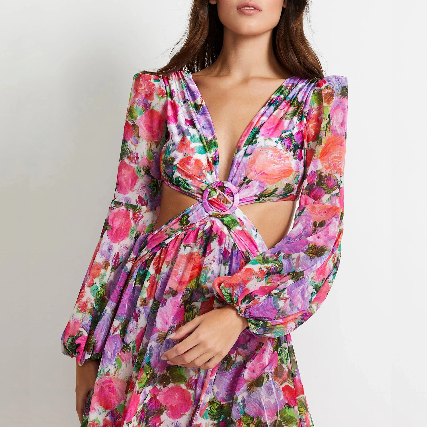 summer fashion puff long sleeves v-neck high slit floral dress summer dresses women casual