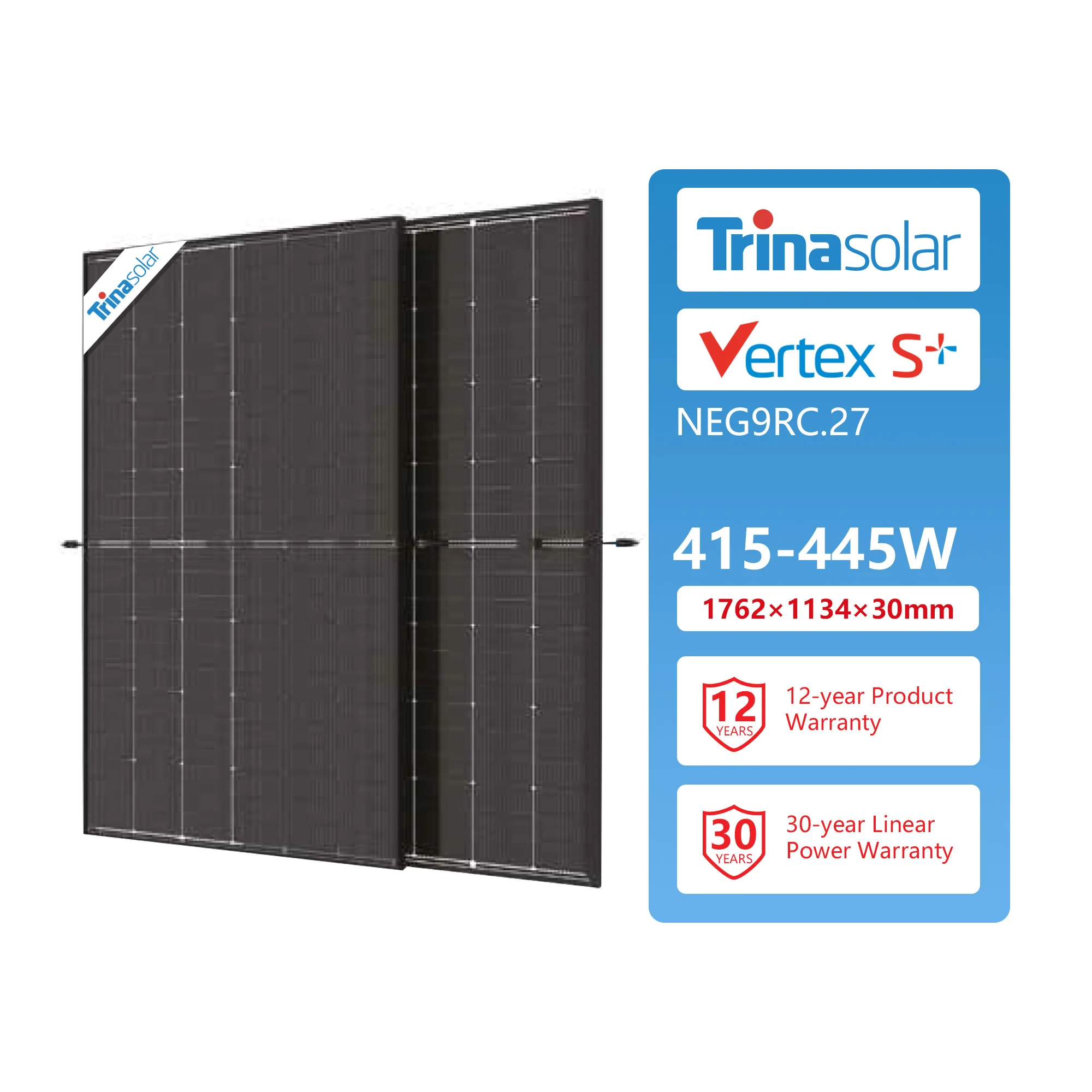 Trina VertexS+ 425W solar panel TSM-NEG9R.25 DUAL GLASS N type i-TOPCon  MODULE with Can be packed and inspected at the factory